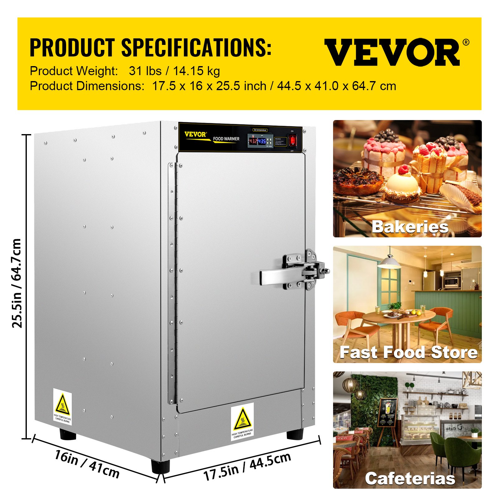 Calentador de alimentos VEVOR Hot Box, 16" x 16" x 24" Calentador de concesión con bandeja de agua, cuatro bandejas de catering desechables, para pizzas, hamburguesas, pasteles, empanadas, para concesión de alimentos calientes Probado según las normas UL