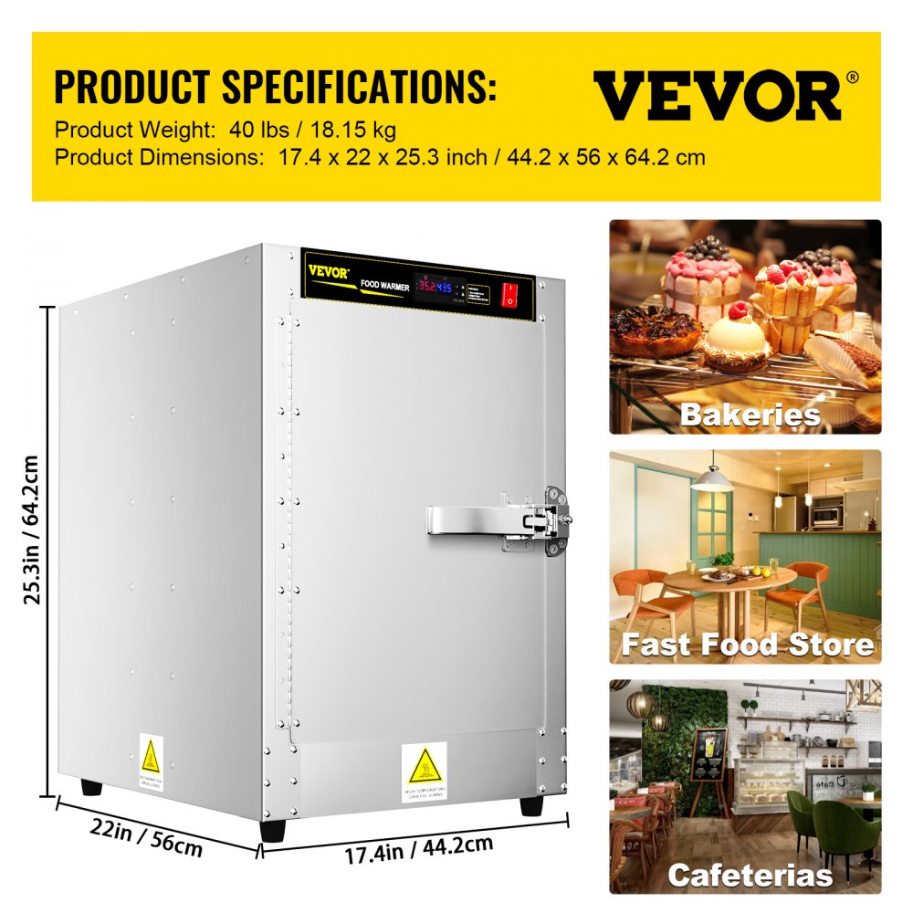 Calentador de alimentos VEVOR Hot Box, 40,6 x 56,5 x 61 cm, con bandeja de agua y cuatro bandejas desechables para catering. Ideal para pizzas, hamburguesas, pasteles y empanadas. Probado según las normas.