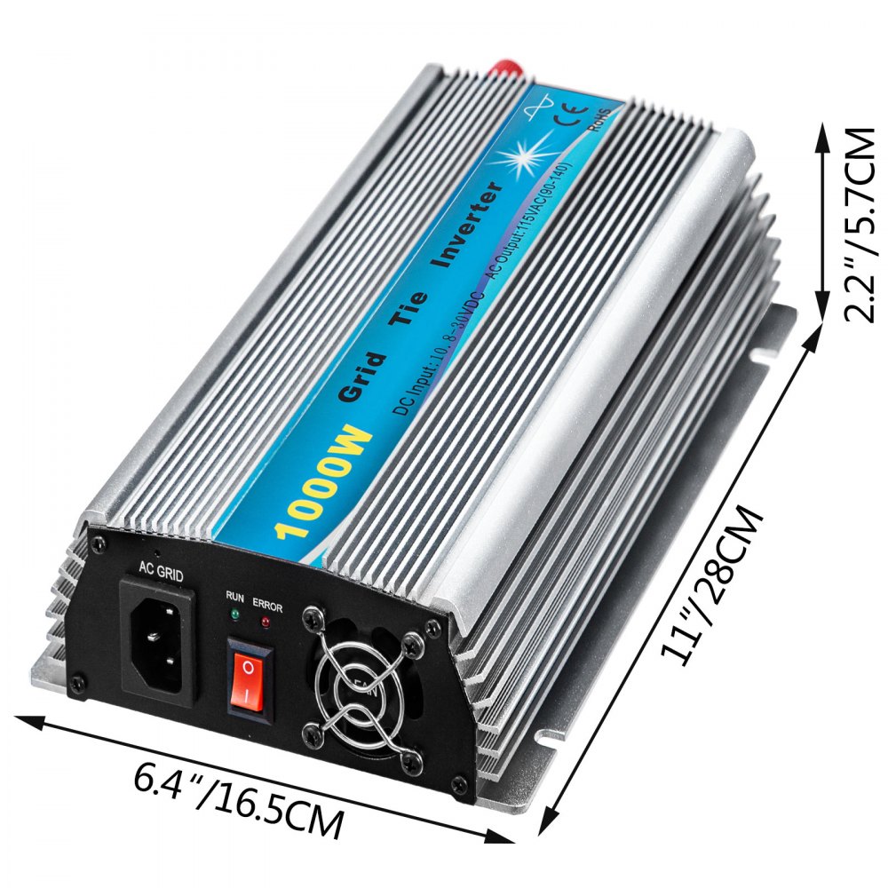Inversor solar de conexión a red VEVOR, inversor de potencia MPPT de 1000 W, sistema de conexión a red solar de 50/60 Hz, inversor de conexión a red, entrada DC10.8-30V a salida AC90-140V Inversor de conexión a red de turbina eólica para sistema de panel solar