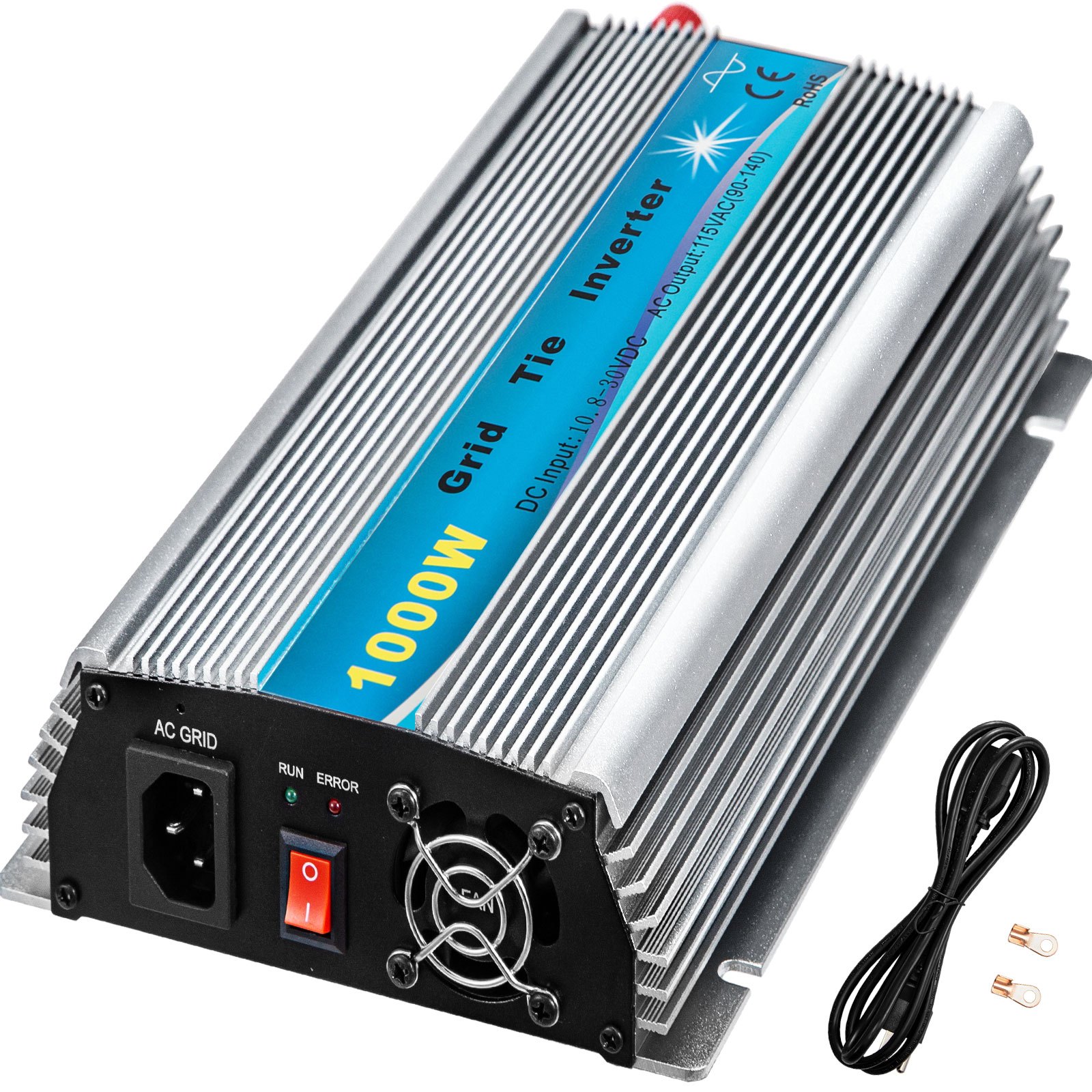 Inversor solar de conexión a red VEVOR, inversor de potencia MPPT de 1000 W, sistema de conexión a red solar de 50/60 Hz, inversor de conexión a red, entrada DC10.8-30V a salida AC90-140V Inversor de conexión a red de turbina eólica para sistema de panel solar