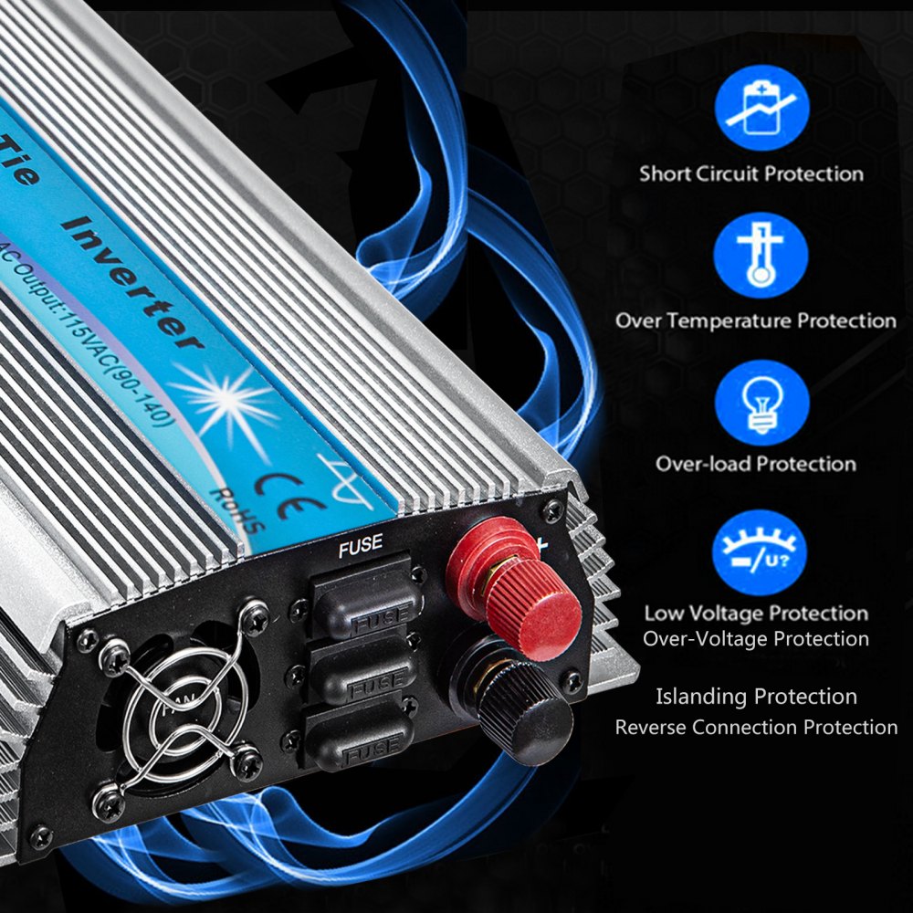 Inversor solar de conexión a red VEVOR, inversor de potencia MPPT de 1000 W, sistema de conexión a red solar de 50/60 Hz, inversor de conexión a red, entrada de CC 20-45 V a salida de CA 90-140 V Inversor de conexión a red de turbina eólica para sistema de panel solar