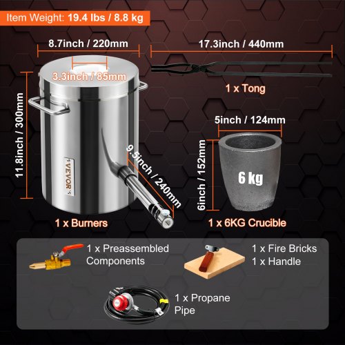VEVOR Kit de horno de fundición de propano de 6 KG, horno de fusión de acero inoxidable 2700 ℉