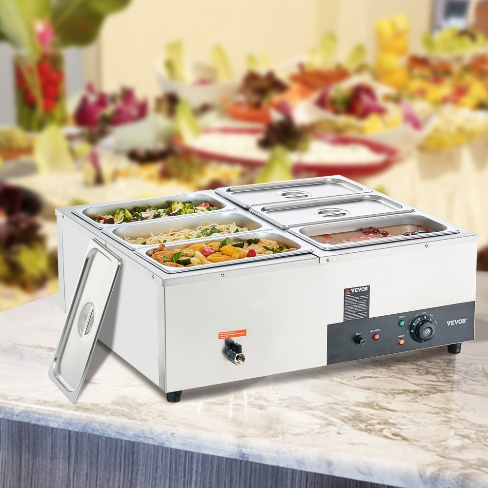 VEVOR Calentador de alimentos comercial de 6 sartenes, mesa de vapor eléctrica de 6 x 8QT, 1200 W para mostrador profesional de acero inoxidable Buffet Bain Marie con control de temperatura de 86-185 °F para catering y restaurantes, plateado