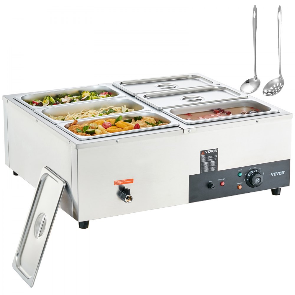 VEVOR Calentador de alimentos comercial de 6 sartenes, mesa de vapor eléctrica de 6 x 8QT, 1200 W para mostrador profesional de acero inoxidable Buffet Bain Marie con control de temperatura de 86-185 °F para catering y restaurantes, plateado