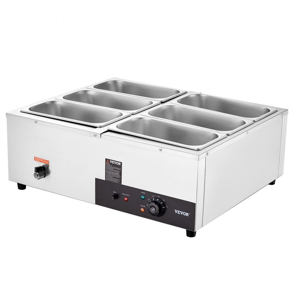 VEVOR Calentador de alimentos comercial de 6 sartenes, mesa de vapor eléctrica de 6 x 8QT, 1200 W para mostrador profesional de acero inoxidable Buffet Bain Marie con control de temperatura de 86-185 °F para catering y restaurantes, plateado