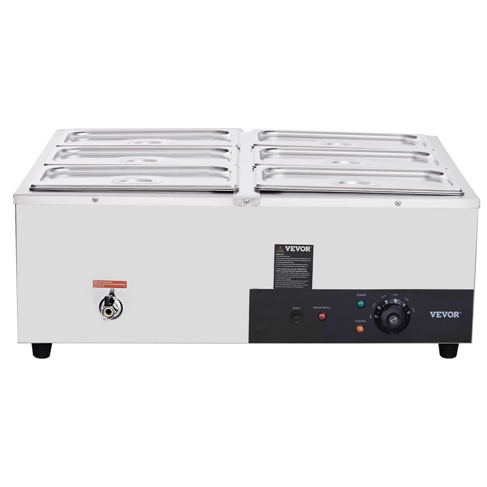 VEVOR Calentador de alimentos comercial de 6 sartenes, mesa de vapor eléctrica de 6 x 8QT, 1200 W para mostrador profesional de acero inoxidable Buffet Bain Marie con control de temperatura de 86-185 °F para catering y restaurantes, plateado
