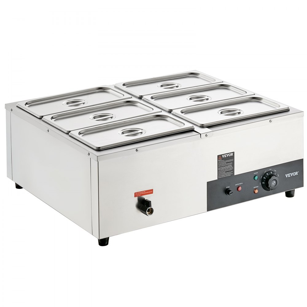 VEVOR Calentador de alimentos comercial de 6 sartenes, mesa de vapor eléctrica de 6 x 8QT, 1200 W para mostrador profesional de acero inoxidable Buffet Bain Marie con control de temperatura de 86-185 °F para catering y restaurantes, plateado