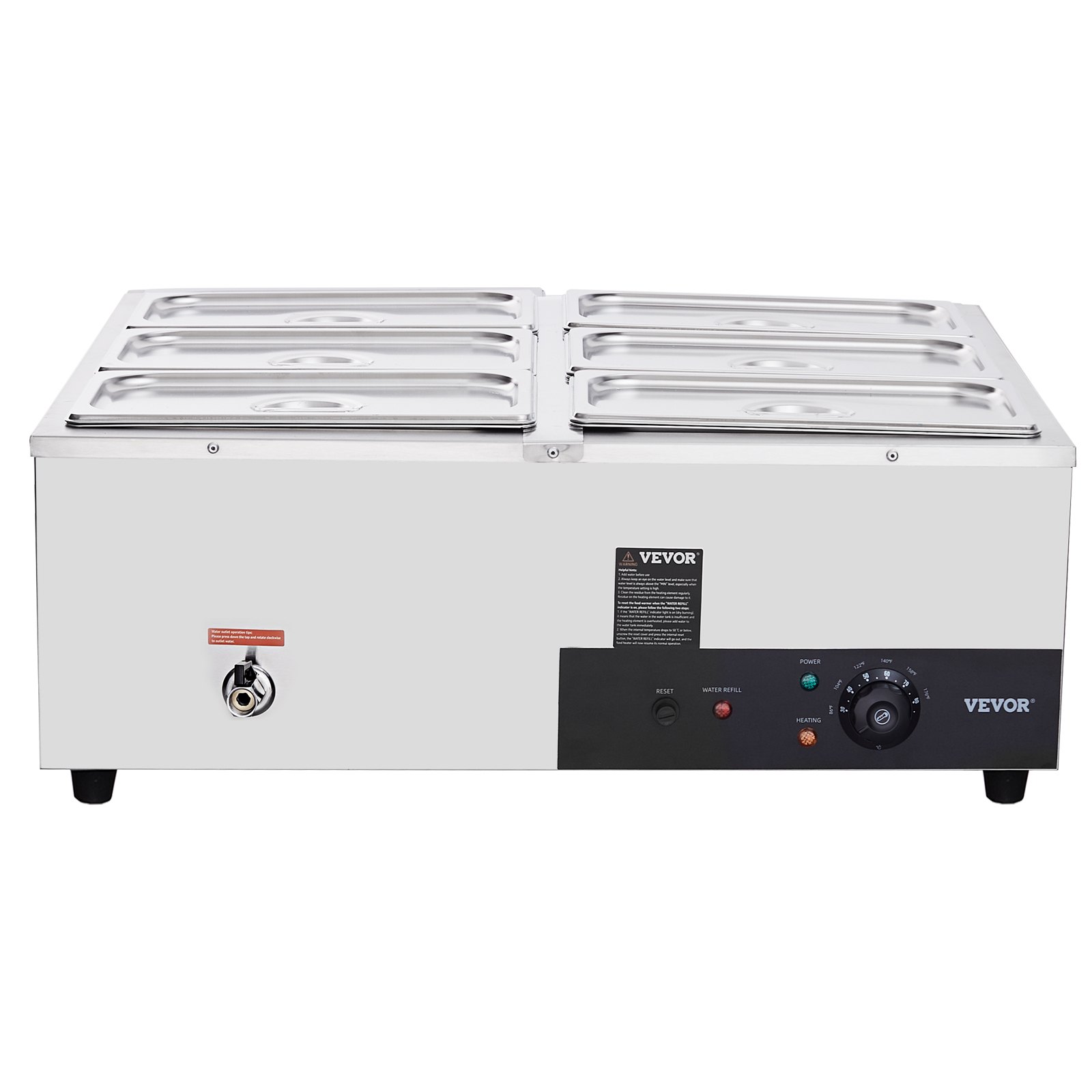 VEVOR Calentador de alimentos comercial de 6 sartenes, mesa de vapor eléctrica de 6 x 8QT, 1200 W para mostrador profesional de acero inoxidable Buffet Bain Marie con control de temperatura de 86-185 °F para catering y restaurantes, plateado