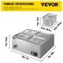 Calentador de alimentos comercial VEVOR, mesa de vapor eléctrica de 1200 W para encimera, 4 bandejas, 15 cm/6 pulgadas de profundidad, calentador de alimentos tipo bufé de acero inoxidable, capacidad de 44 cuartos para catering y restaurantes.