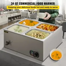 VEVOR Calentador de Comida Calentador de alimentos comercial de 4 sartenes de 110 V mesa de vapor eléctrica de 1200 W de profundidad bufé profesional