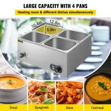VEVOR Calentador de Comida Calentador de alimentos comercial de 4 sartenes de 110 V mesa de vapor eléctrica de 1200 W de profundidad bufé profesional