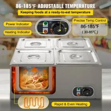 VEVOR Calentador de Comida Calentador de alimentos comercial de 4 sartenes de 110 V mesa de vapor eléctrica de 1200 W de profundidad bufé profesional