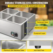 VEVOR Calentador de Comida Calentador de alimentos comercial de 4 sartenes de 110 V mesa de vapor eléctrica de 1200 W de profundidad bufé profesional