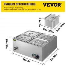 VEVOR Calentador de Comida Calentador de alimentos comercial de 4 sartenes de 110 V mesa de vapor eléctrica de 1200 W de profundidad bufé profesional