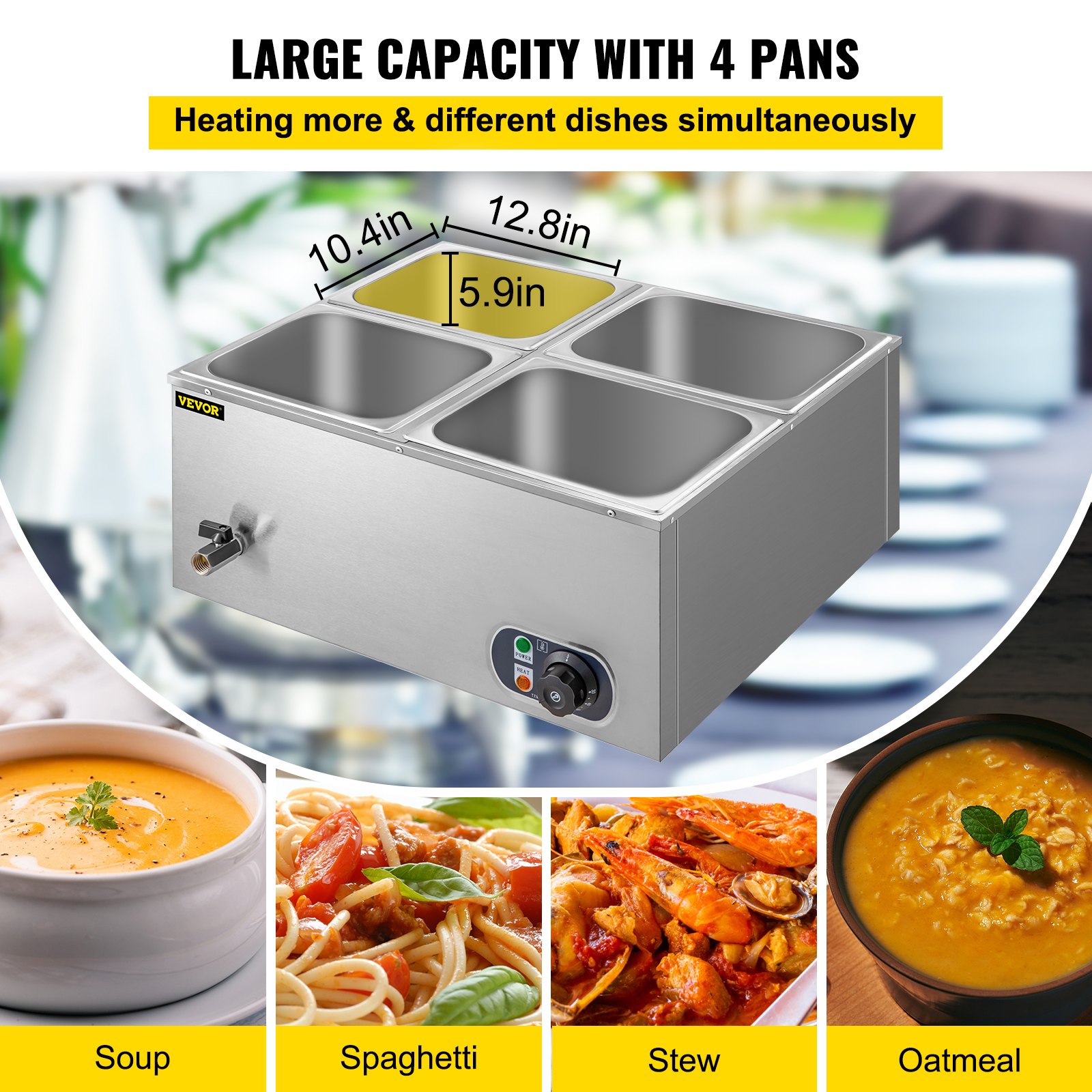 Calentador de alimentos comercial VEVOR, mesa de vapor eléctrica de 1200 W para encimera, 4 bandejas, 15 cm/6 pulgadas de profundidad, calentador de alimentos tipo bufé de acero inoxidable, capacidad de 44 cuartos para catering y restaurantes.