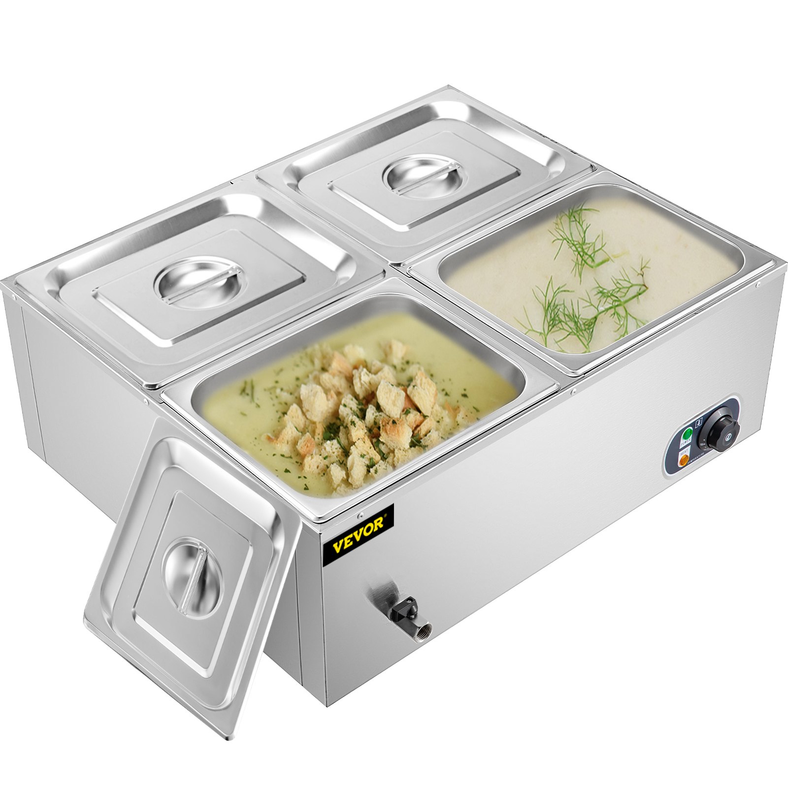 Calentador de alimentos comercial VEVOR, mesa de vapor eléctrica de 1200 W para encimera, 4 bandejas, 15 cm/6 pulgadas de profundidad, calentador de alimentos tipo bufé de acero inoxidable, capacidad de 44 cuartos para catering y restaurantes.