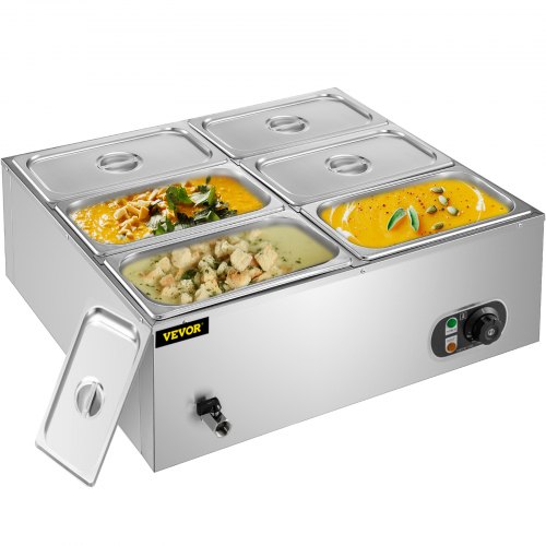 VEVOR Calentador de Comida Calentador de alimentos comercial de 110 V 6 sartenes mesa de vapor eléctrica de 1200 W/6 pulgadas de profundidad buffet