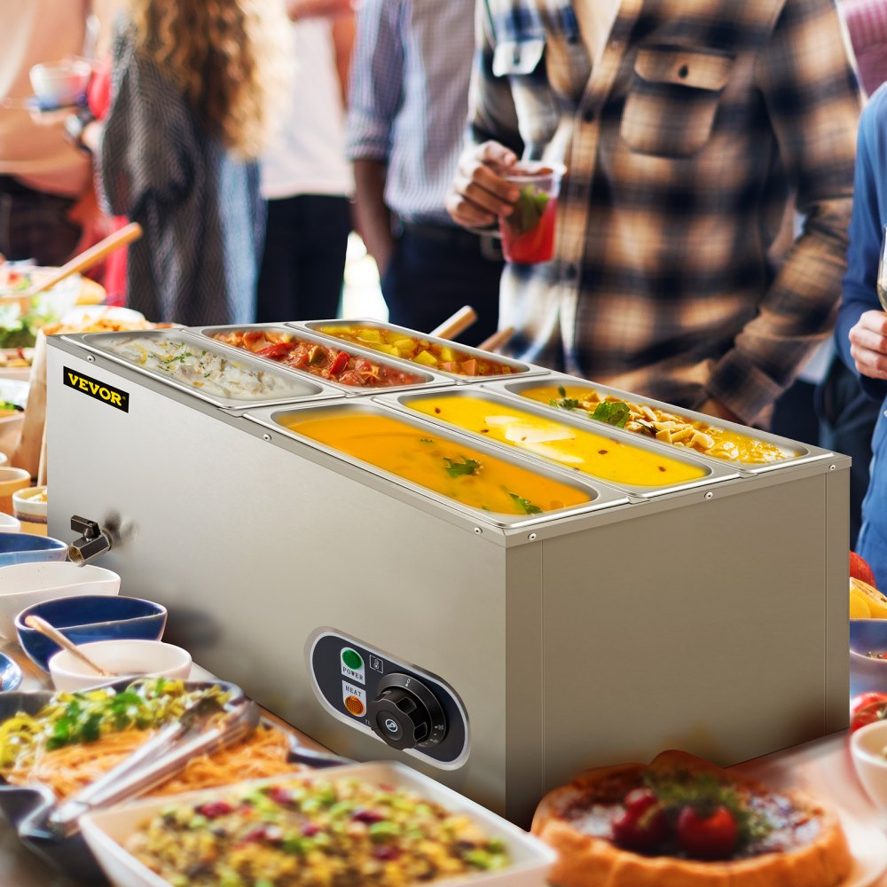 VEVOR Calentador de Comida Calentador de alimentos comercial de 110 V 6 sartenes mesa de vapor eléctrica de 1200 W/6 pulgadas de profundidad buffet