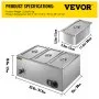 Calentador de alimentos comercial VEVOR de 3 bandejas, 850 W, eléctrico, para encimera, mesa de vapor, 15 cm/6 pulgadas de profundidad, de acero inoxidable, calentador de alimentos tipo bufé, gran capacidad, 7 cuartos/bandeja, para catering y restaurantes.