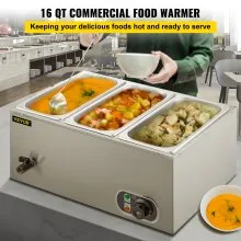 VEVOR Calentador de alimentos comercial de 3 sartenes de 110 V, mesa de vapor eléctrica de 1200 W de 15 cm de profundidad, buffet profesional de acero inoxidable Bain Marie de 16 cuartos para catering y restaurantes