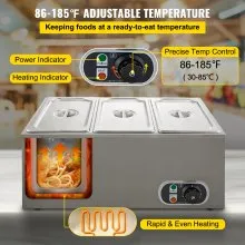 VEVOR Calentador de alimentos comercial de 3 sartenes de 110 V, mesa de vapor eléctrica de 1200 W de 15 cm de profundidad, buffet profesional de acero inoxidable Bain Marie de 16 cuartos para catering y restaurantes