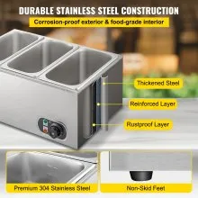 VEVOR Calentador de alimentos comercial de 3 sartenes de 110 V, mesa de vapor eléctrica de 1200 W de 15 cm de profundidad, buffet profesional de acero inoxidable Bain Marie de 16 cuartos para catering y restaurantes