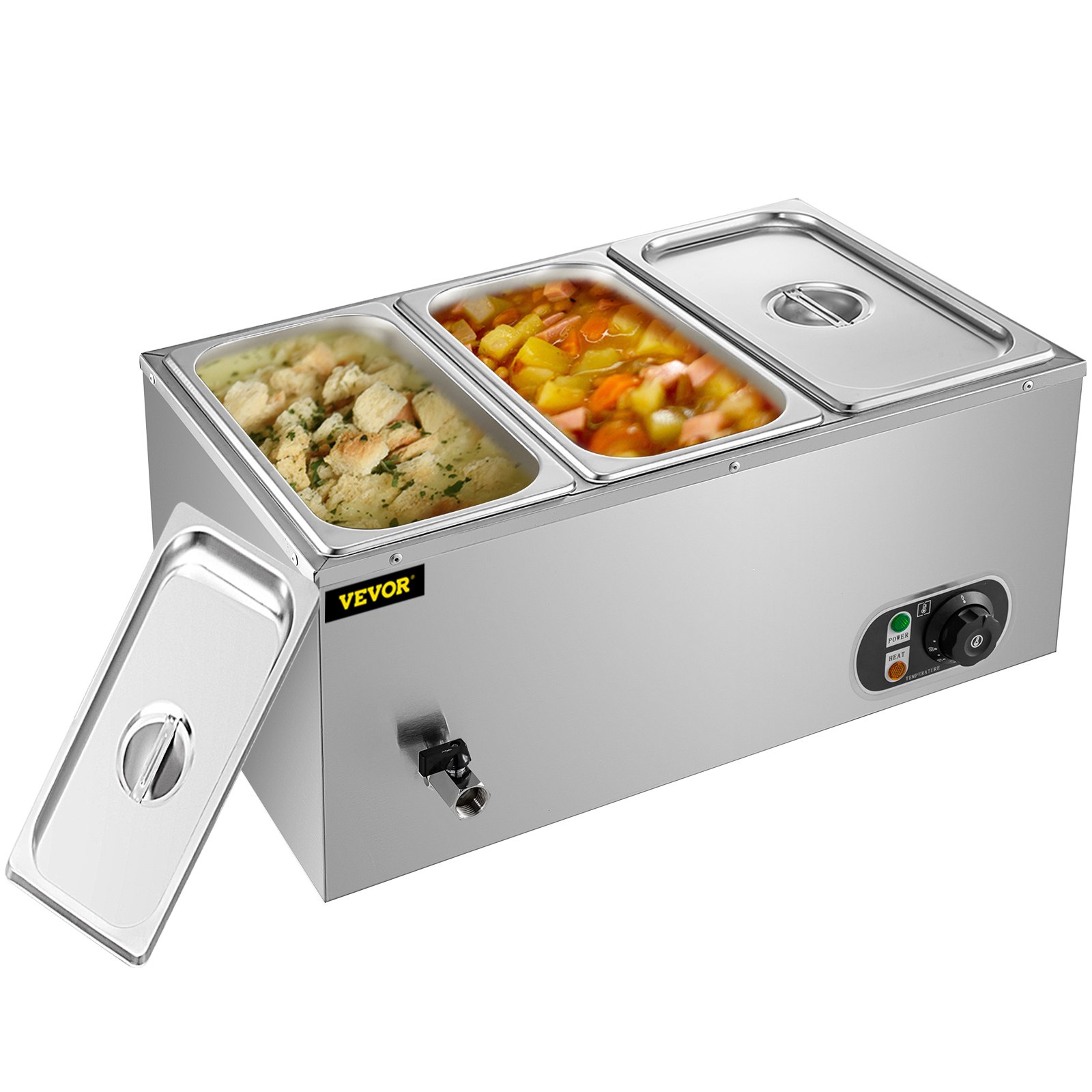 Calentador de alimentos comercial VEVOR de 3 bandejas, 850 W, eléctrico, para encimera, mesa de vapor, 15 cm/6 pulgadas de profundidad, de acero inoxidable, calentador de alimentos tipo bufé, gran capacidad, 7 cuartos/bandeja, para catering y restaurantes.