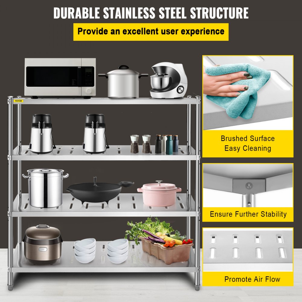 Estante de almacenamiento VEVOR con estructura de acero inoxidable que exhibe varios artículos de cocina.