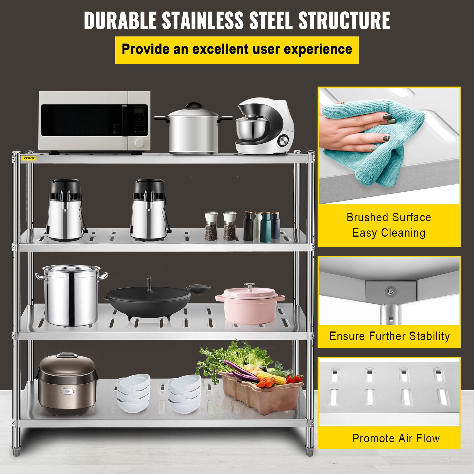 Estante de almacenamiento VEVOR con estructura de acero inoxidable que exhibe varios artículos de cocina.