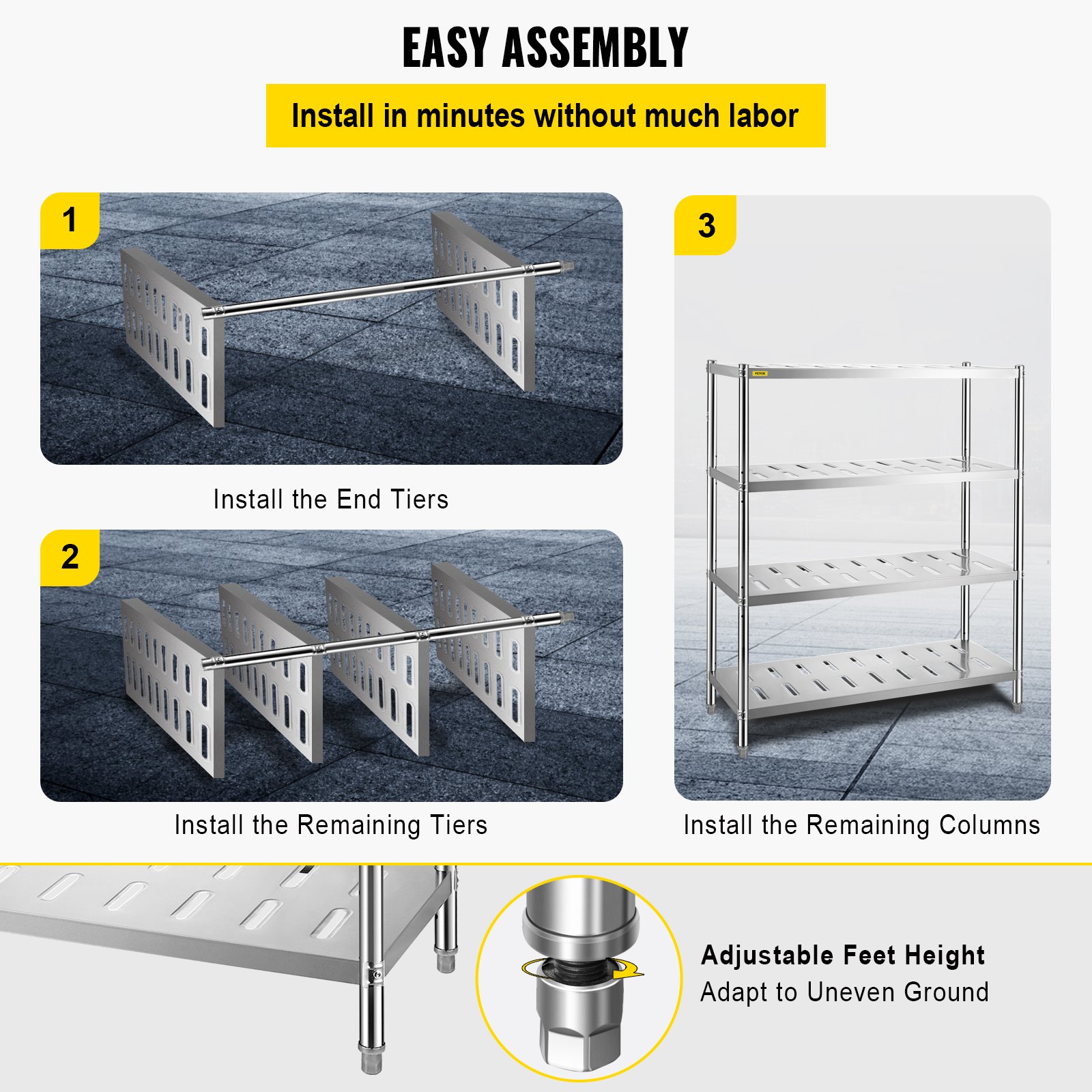 Escalones de montaje para estantes de almacenamiento VEVOR con patas ajustables para terrenos irregulares.