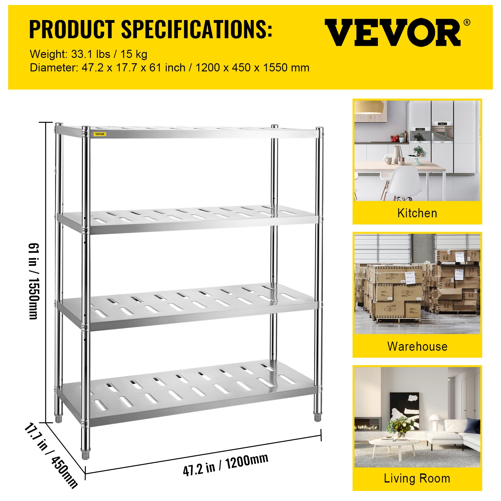 Estante de almacenamiento VEVOR con cuatro niveles de metal ajustables para cocina, almacén y sala de estar.