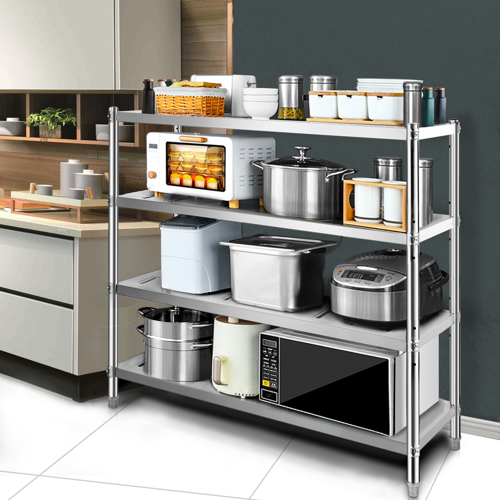 Estantería de almacenamiento VEVOR con electrodomésticos de cocina, microondas, horno, ollas y recipientes.