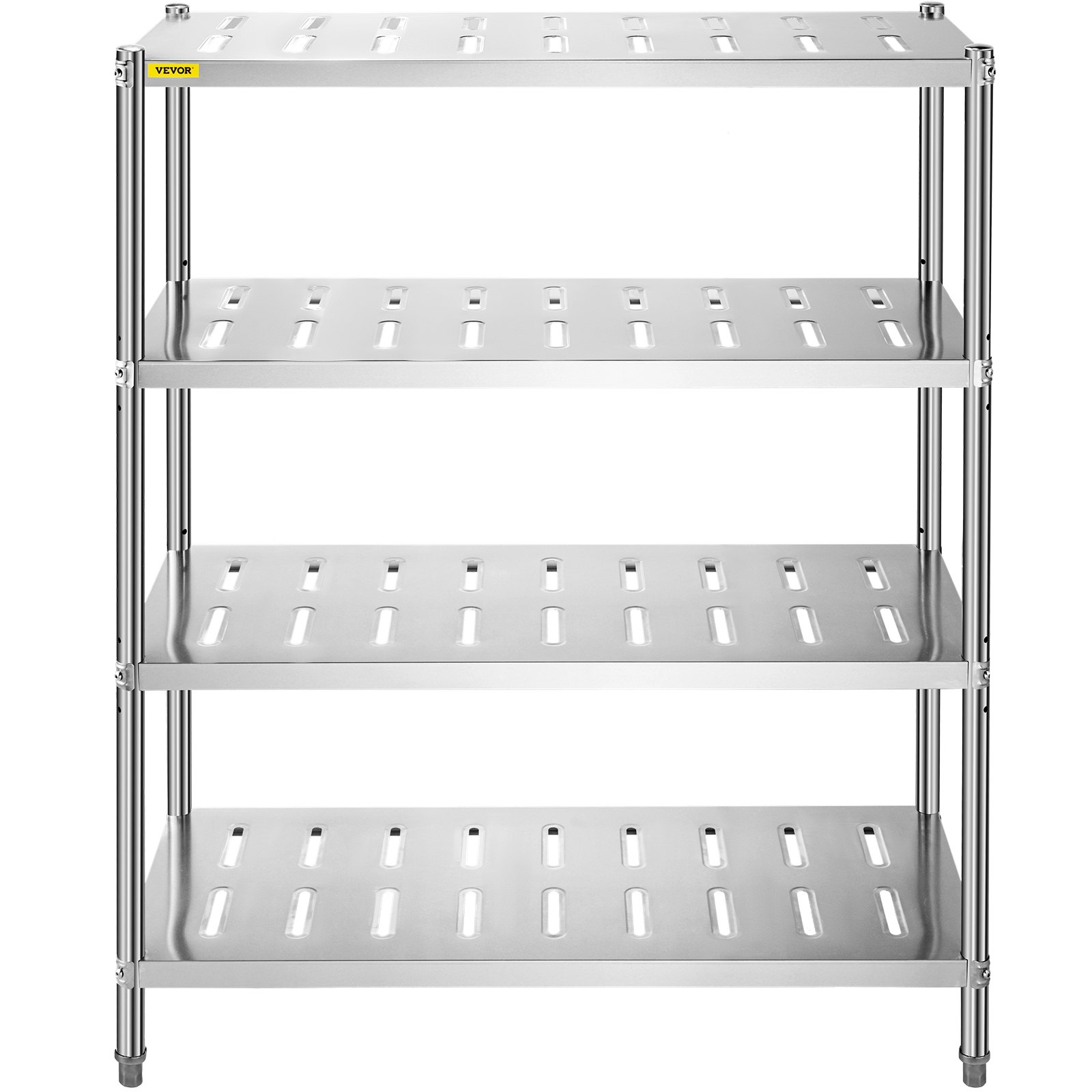 Estante de almacenamiento VEVOR con cuatro niveles, construcción de acero y estantes ranurados.