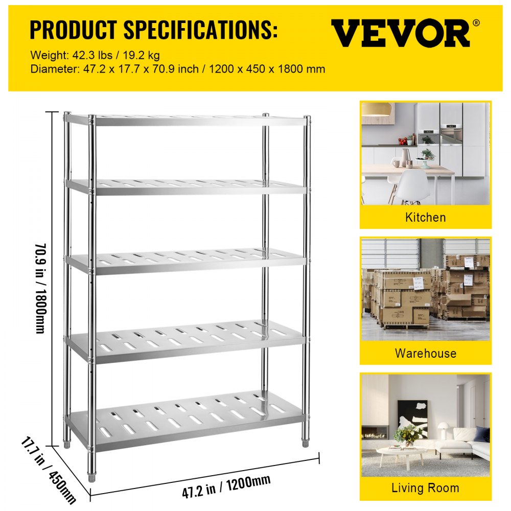 Estantería de almacenamiento VEVOR con dimensiones adecuadas para cocinas, almacenes y salones.