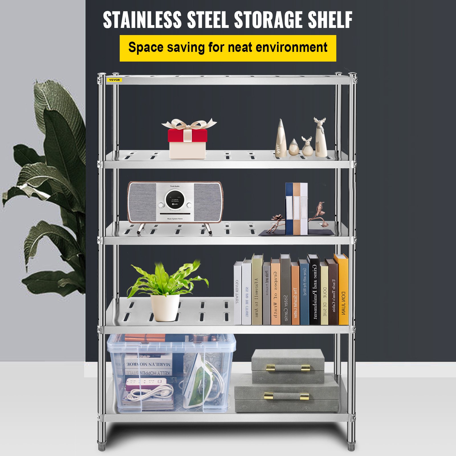 Estante de almacenamiento VEVOR con estructura de acero inoxidable, para sostener plantas, libros y artículos decorativos.