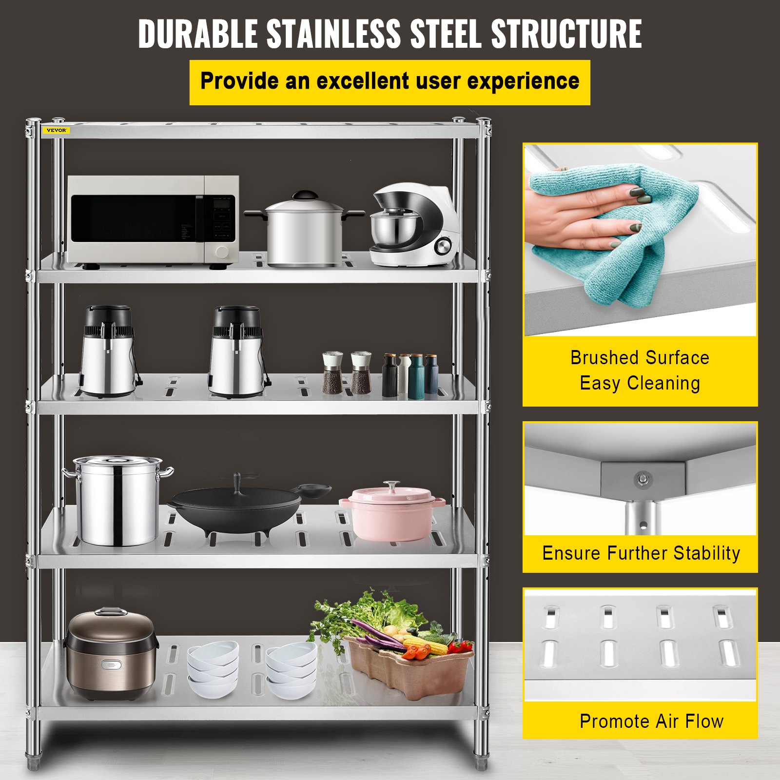 Estantería de almacenamiento VEVOR con estructura de acero inoxidable y electrodomésticos de cocina.