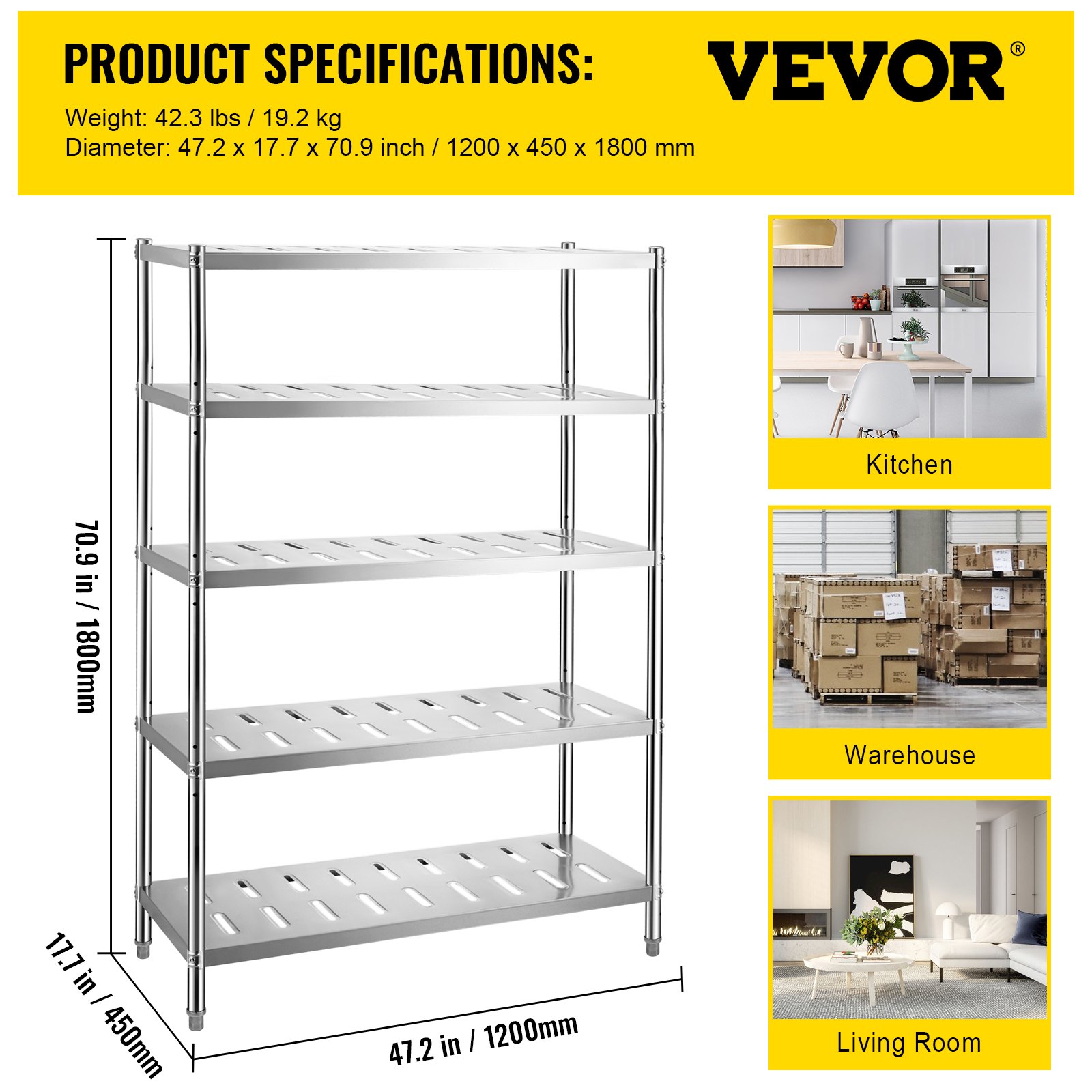 Estantería de almacenamiento VEVOR con dimensiones adecuadas para cocinas, almacenes y salones.