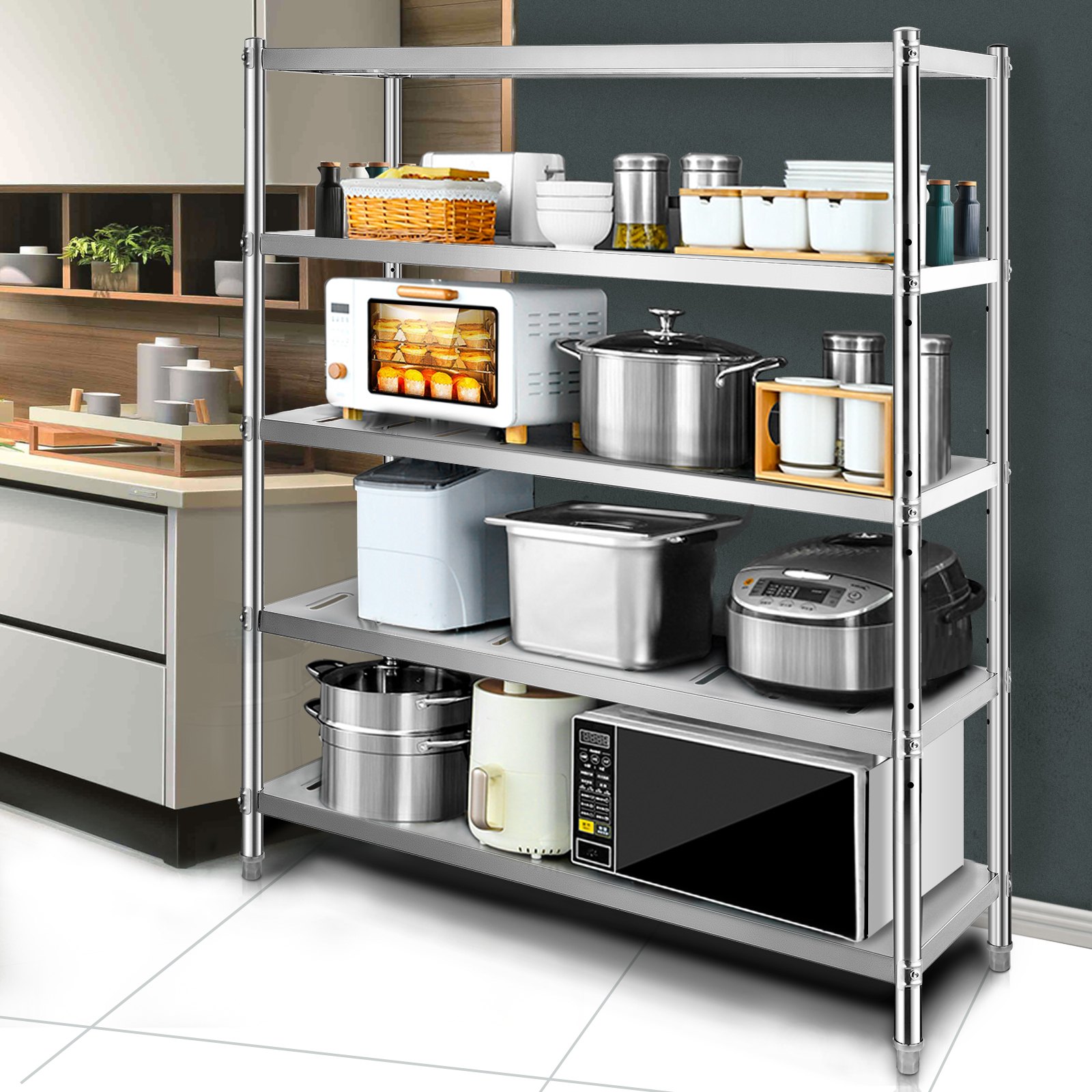 Cocina moderna con estante de almacenamiento VEVOR que contiene electrodomésticos y utensilios de cocina.