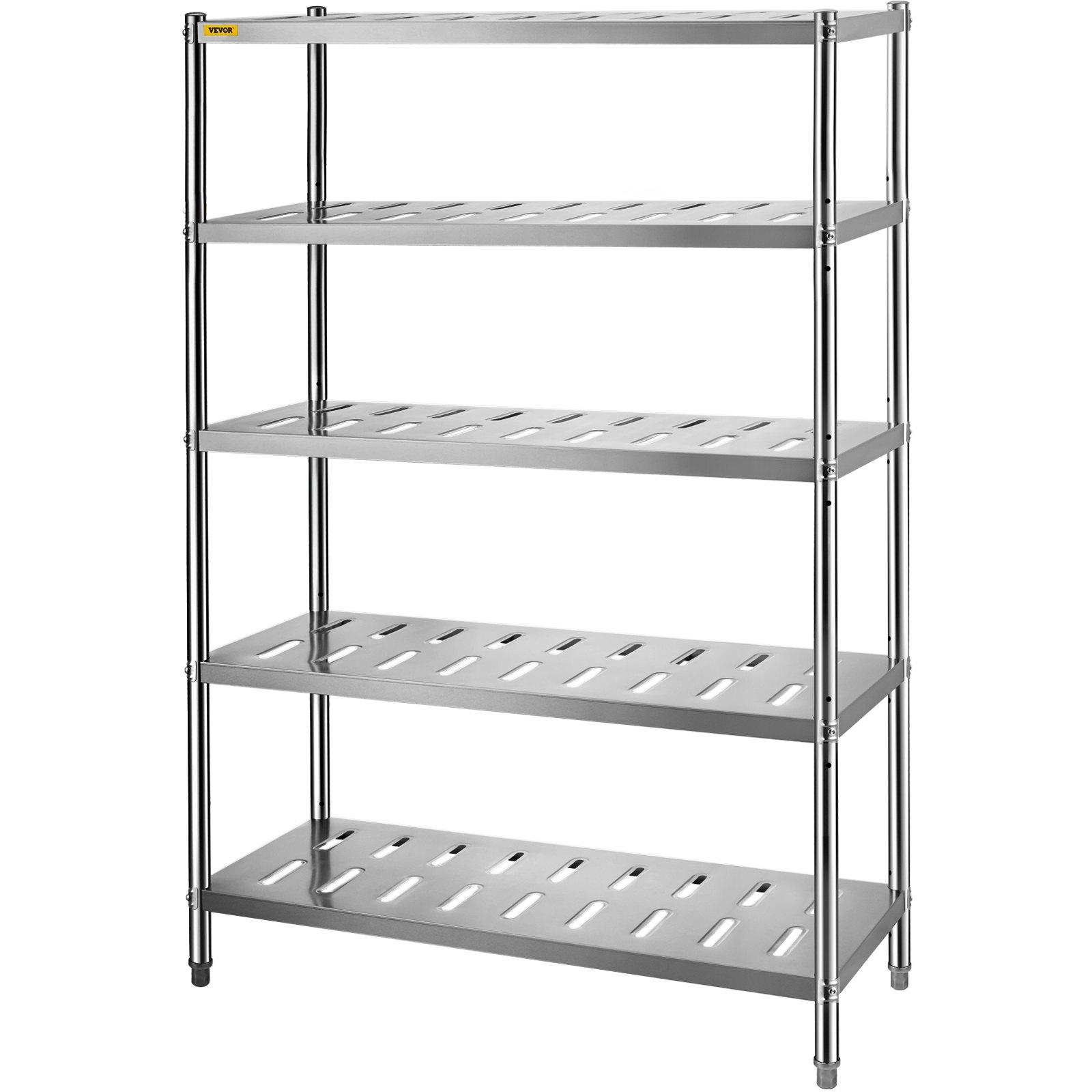 Estante de almacenamiento VEVOR con cinco niveles de metal perforado y patas resistentes.