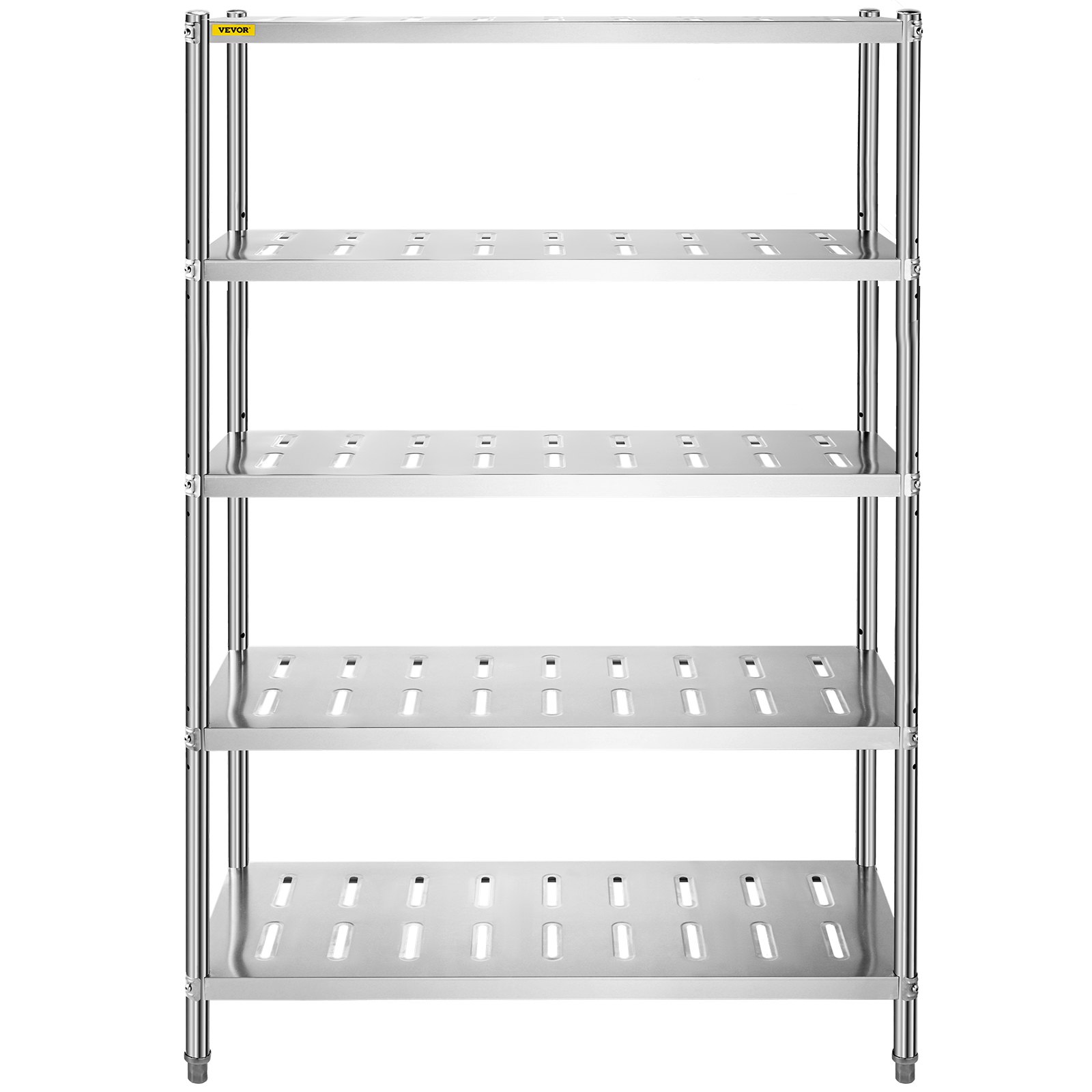 Estante de almacenamiento VEVOR con cinco niveles de metal perforado, ideal para organizar el espacio.