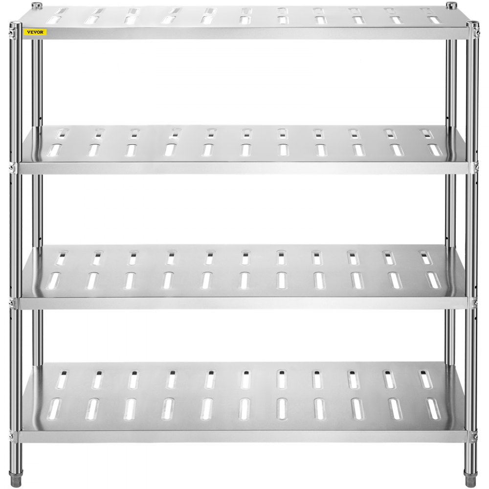 Estantería de almacenamiento VEVOR de 4 niveles, de acero inoxidable, para garaje, 150 x 45 x 155 cm, resistente, con capacidad total de 230 kg, altura ajustable y orificios de ventilación.