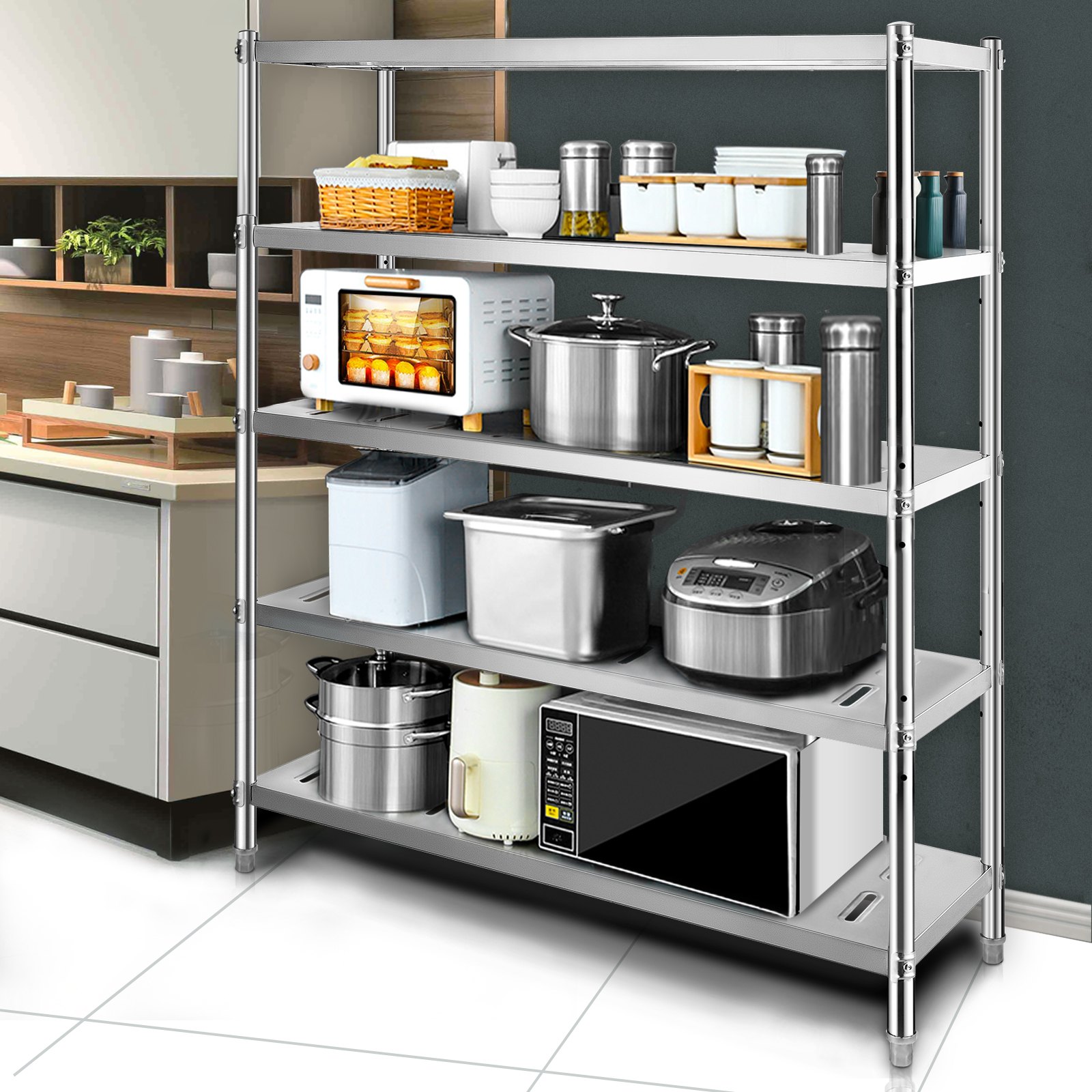 Estante de almacenamiento VEVOR en una cocina que contiene electrodomésticos y utensilios de cocina.