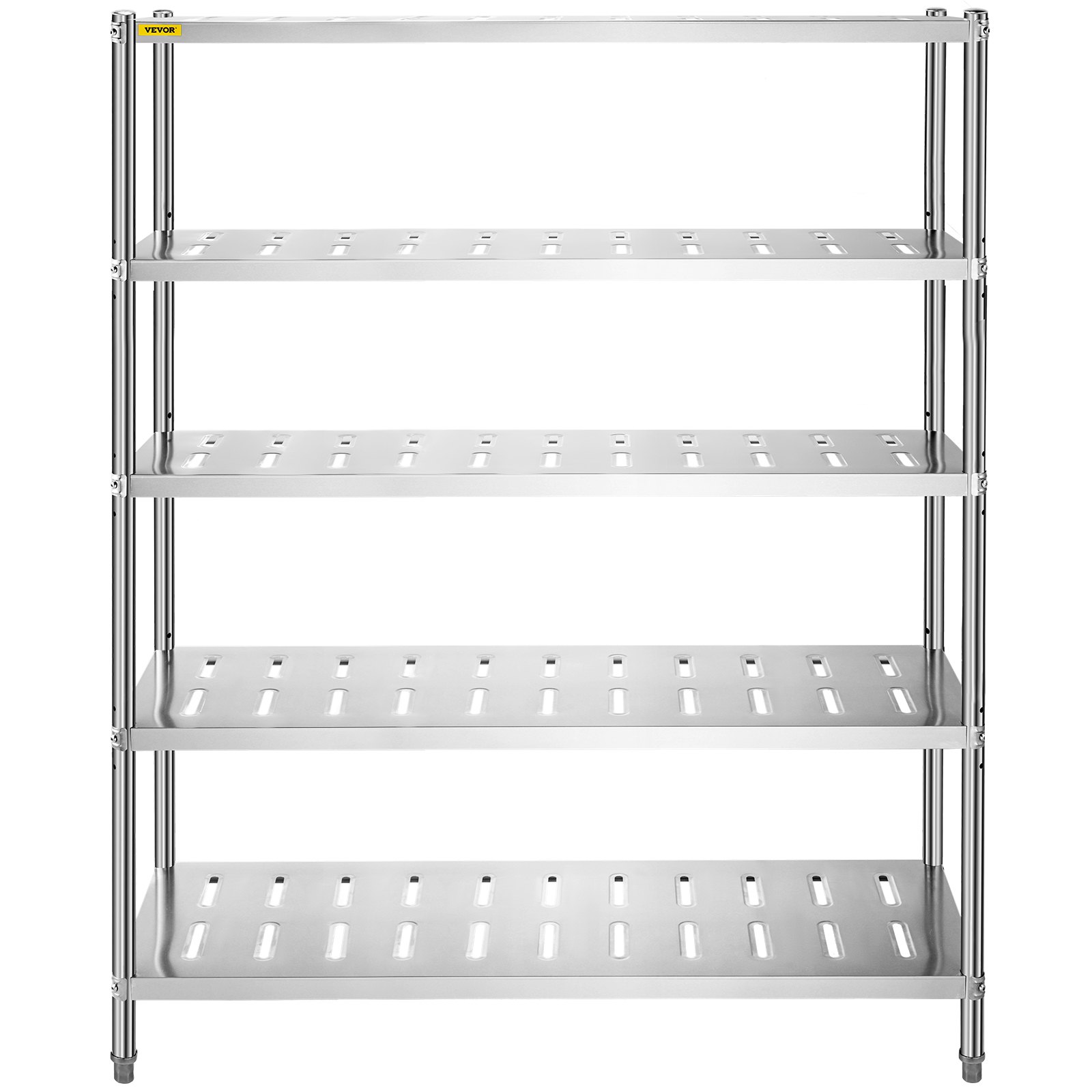 Estante de almacenamiento VEVOR con cinco niveles ajustables de acero inoxidable, ideal para organizar espacios.