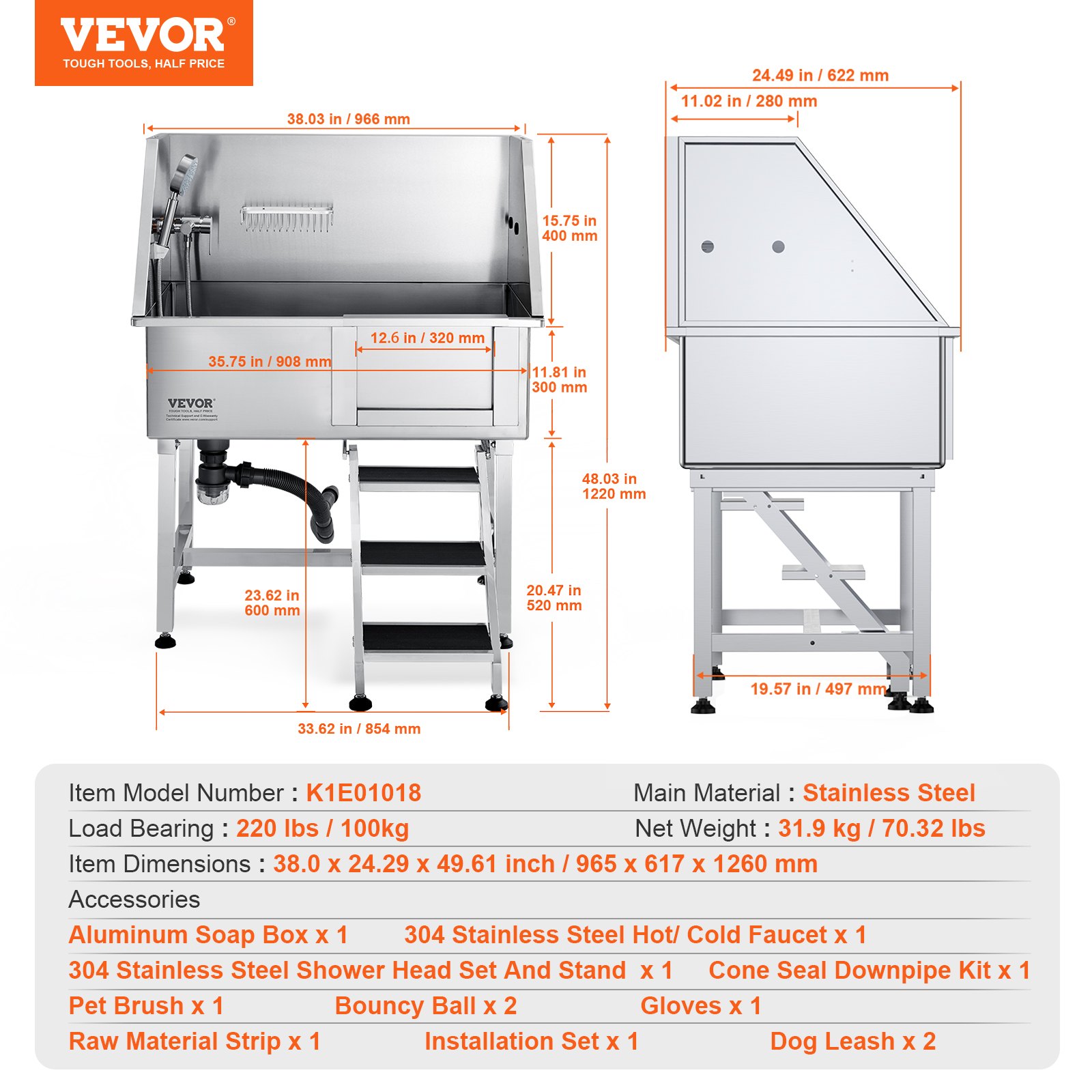 VEVOR Bañera de Acero Inoxidable para Perros 966 x 622 x 1220 mm Bañera Peluquería Canina Longitud de Mascota hasta 965,2 mm Tina de Aseo para Mascotas Capacidad de 100 kg Ducha de Lavado con Grifo
