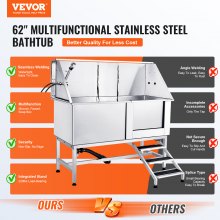 VEVOR Estación de baño para perros de 62 pulgadas con escaleras, bañera profesional de acero inoxidable para perros con caja de jabón, grifo, accesorio rico, bañera para mascotas grandes, medianas y pequeñas, fregadero para el hogar (derecha)