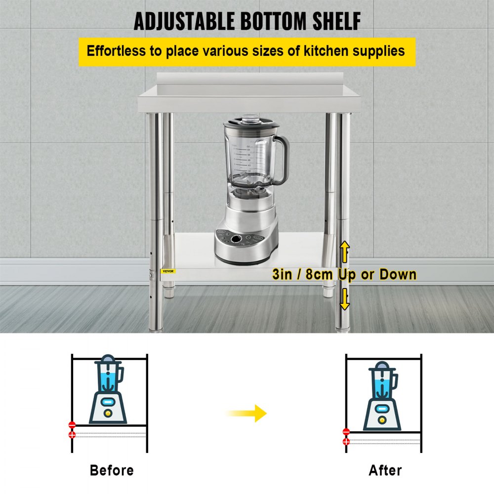 Mesa de preparación de acero inoxidable VEVOR con estante inferior ajustable para diversos suministros de cocina.