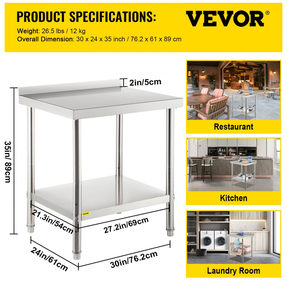 Dimensiones y especificaciones de la mesa de preparación de acero inoxidable VEVOR para restaurante, cocina y lavandería.