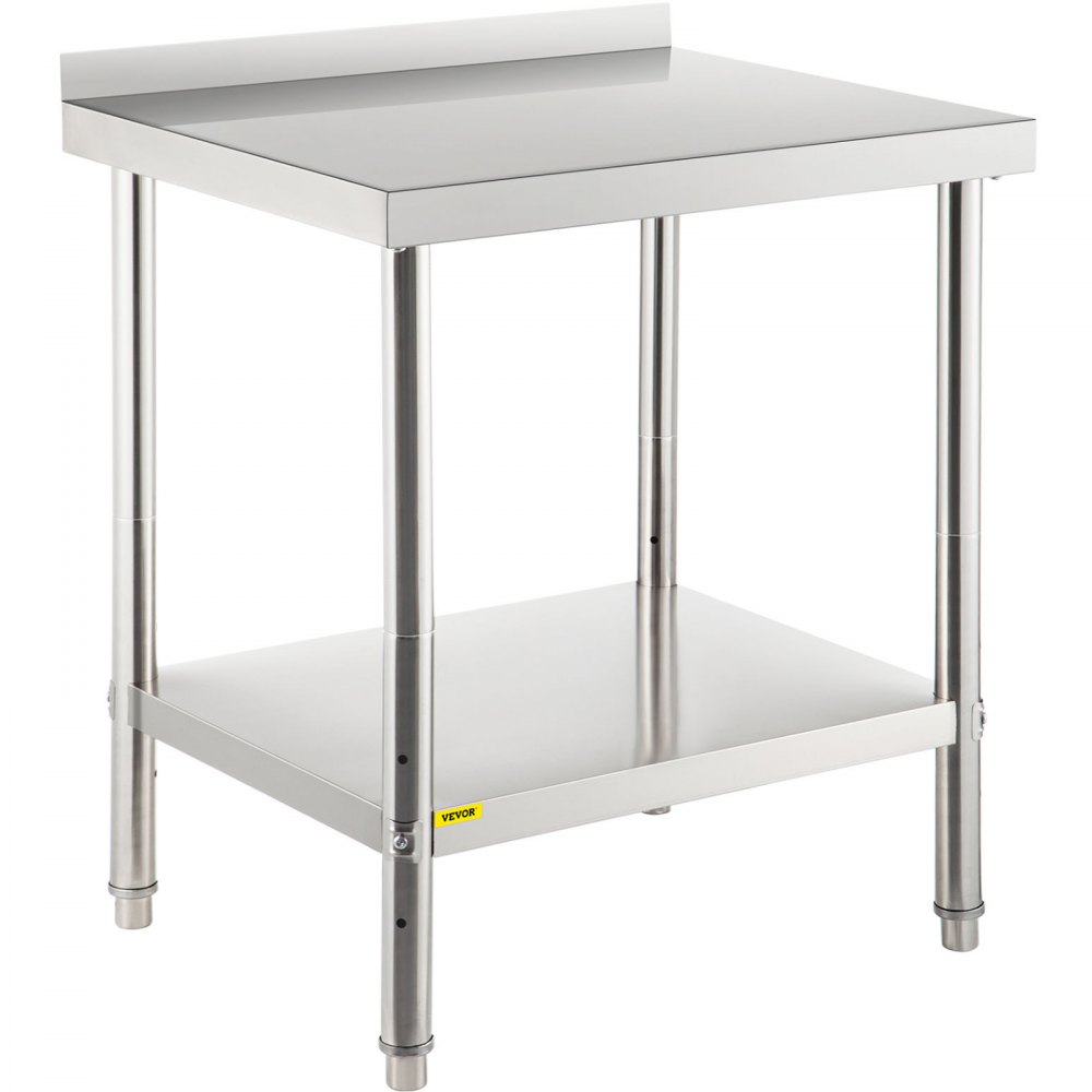 Mesa de preparación de acero inoxidable con estante inferior y protector contra salpicaduras.