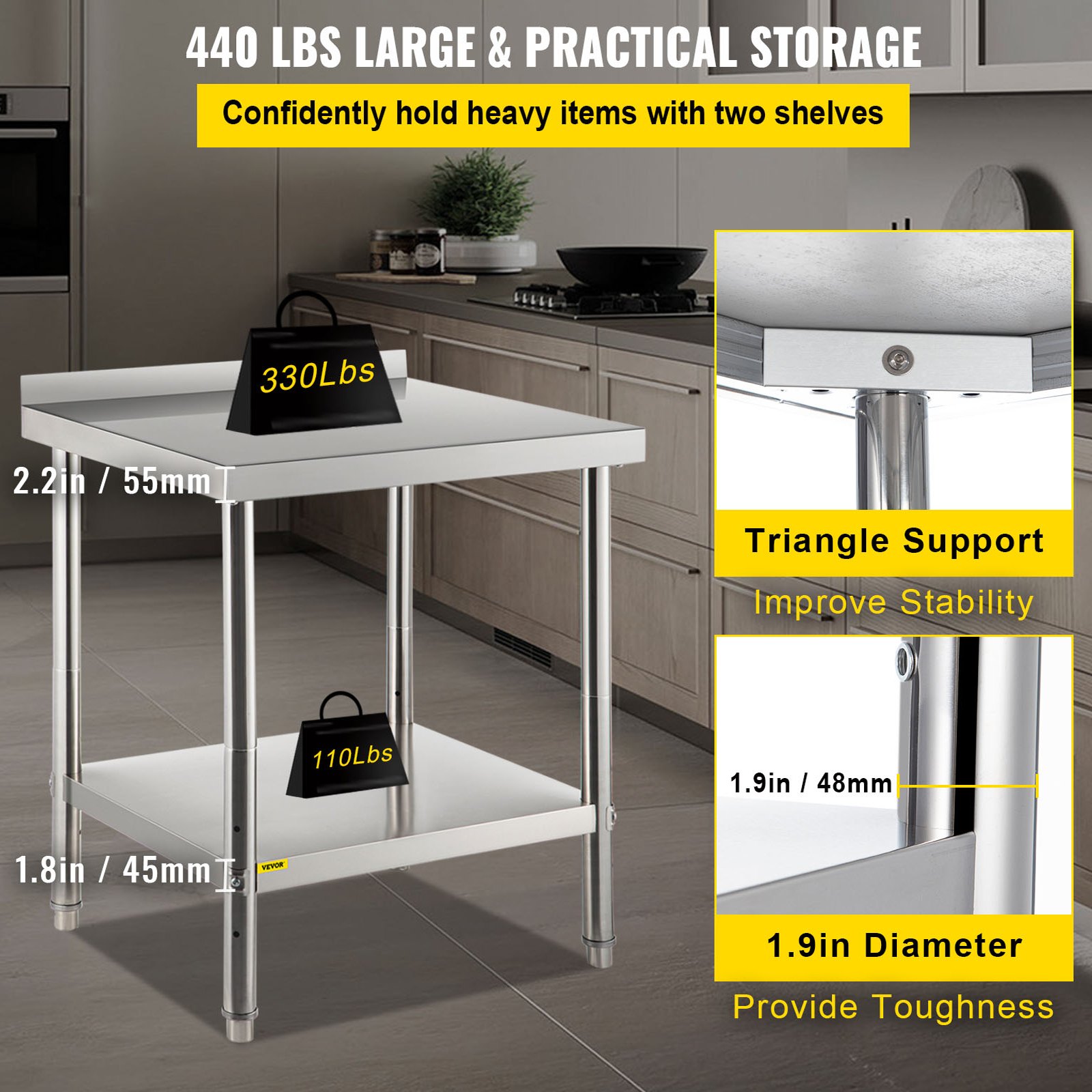 Mesa de preparación de acero inoxidable VEVOR con 2 estantes, 440 libras de almacenamiento en una cocina moderna.