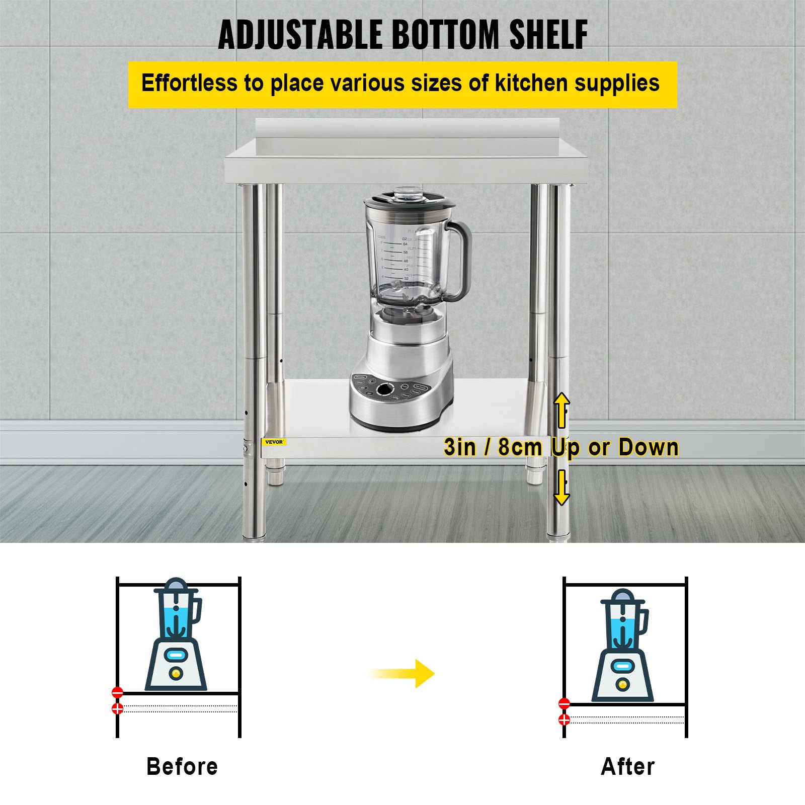 Mesa de preparación de acero inoxidable VEVOR con estante inferior ajustable para diversos suministros de cocina.